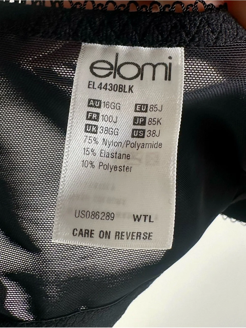 Elomi Sadie Underwire Balcony Bra 38J Black Lace Semi-Sheer